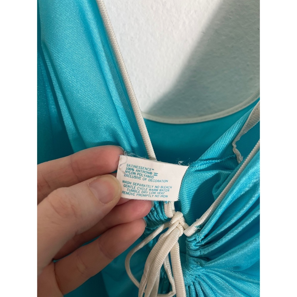 VINTAGE 1960s VASSARETTE Turquoise Satin Nightgown Maxi Slip Dress - Picture 10 of 11